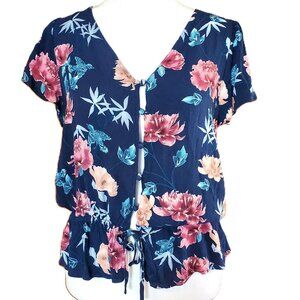 Navy Blue Bird Floral Blouse Women's Size M Top Aeropostale Cottage Fairy Shirt